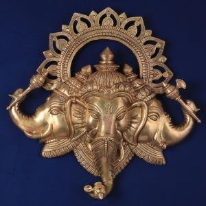 Pure Brass Trimukhi Ganapati | 17.5" x 15.7" Wall Hanging | 7.17 kg | Three-Faced Divine Form | Sacred Hindu Art | Temple Grade | Jaipurio